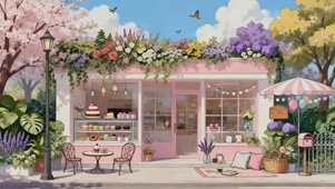 晴朗蓝天白云下的治愈甜品店