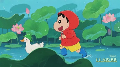 小新和小白鸭雨中奔跑