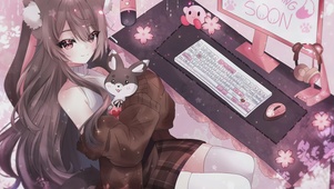 玩电脑的美少女