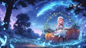 夜晚南瓜车绘画少女