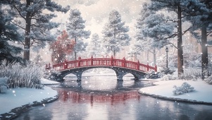 冬日森林红色石桥