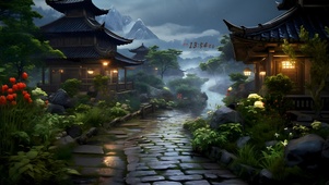 古风落雨庭院
