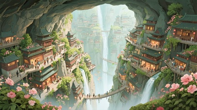 洞中古风瀑布小镇