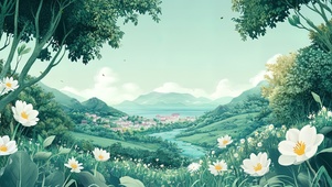 鲜花盛开的山坡小镇
