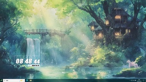 护眼绿景山中瀑布溪流桌面主题