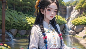 唯美山间瀑布女孩