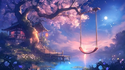 夜晚湖边秋千小屋