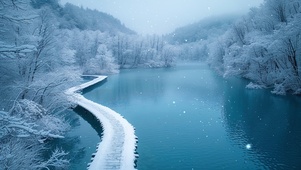 冰天雪地中的湖中木栈道