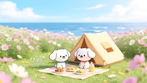 假期海边露营的小萌宠