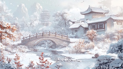 雪中的唯美古镇风景