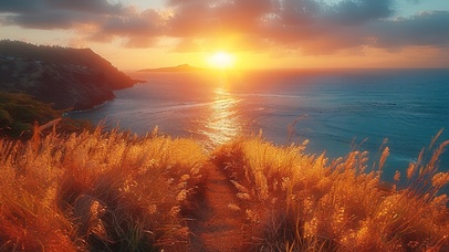 唯美日落花丛海景
