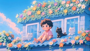 夏日鲜花屋檐男孩