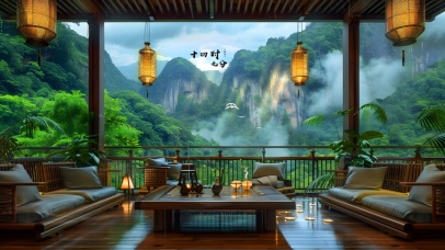 怡然山居饮茶观山4K