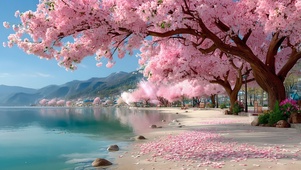 唯美治愈湖畔樱花树