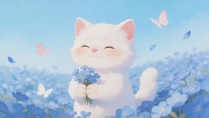蓝色治愈梦幻花海小猫