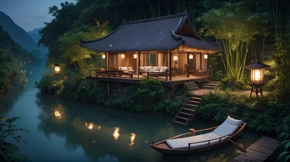 夜晚竹林河边小屋