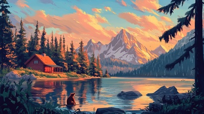 晚霞静谧湖泊小熊屋