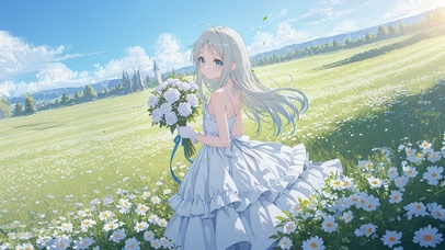 夏日草原花束女孩