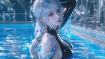 甜美可爱性感泳池白发女孩