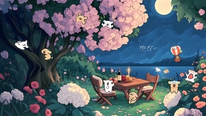 夜晚湖边露营野餐