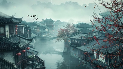 烟雨朦胧江南墨画
