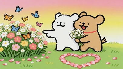 线条小狗-浪漫花草地