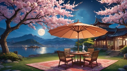 夜晚湖边樱花小屋