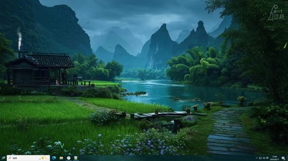 护眼溪边田间小屋