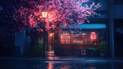 唯美雨夜樱花小店