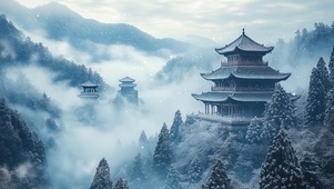 朦胧雾气山林古镇