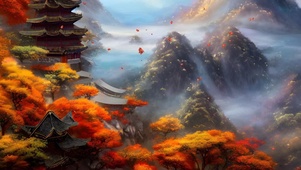 秋日山中云海古建筑