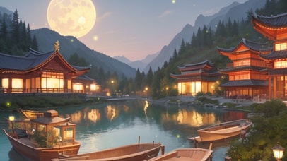 夜晚湖边小舟中式建筑