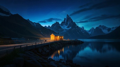 雪峰下的静谧渔火