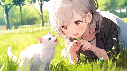 草地上的女孩和猫