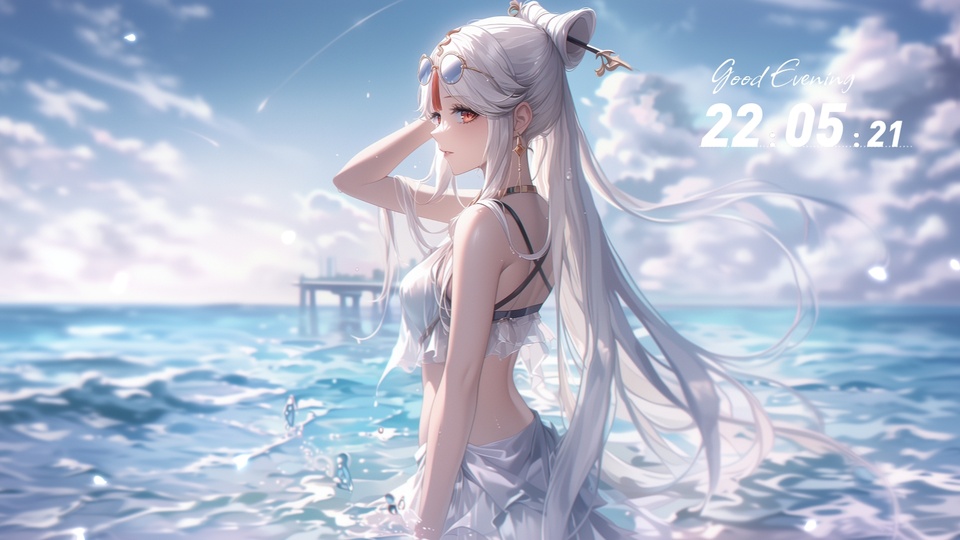银发少女站在浅海，望向身侧，背景是蓝天大海与远桥。