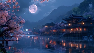 夜景 樱花水岸