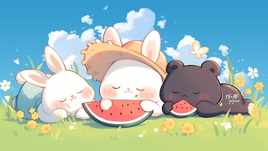草地吃西瓜小兔