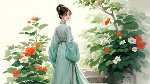 绿色护眼古风美女手绘花朵插画