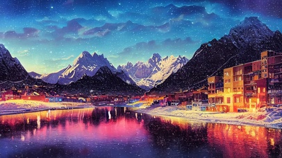 4K唯美治愈雪夜小镇河流