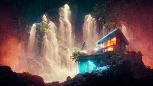 4k 唯美梦幻秘境瀑布小屋