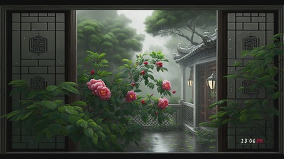 庭前牡丹探雨帘