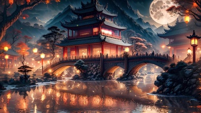 夜晚河边古风建筑