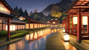 夜晚河边日式建筑