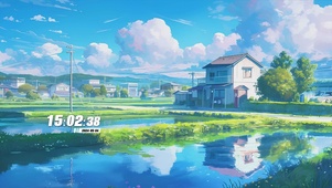 蓝天白云树木河流景色