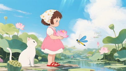 荷塘边赏荷女孩