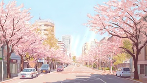 樱花树下的街景