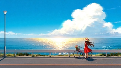 夕阳下海边女孩