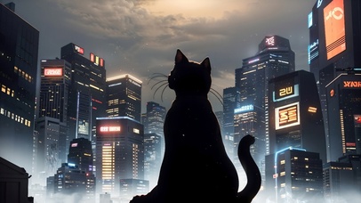 城市雪夜中的小黑猫