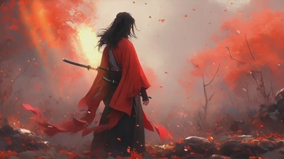 水墨女剑客插画-元气专