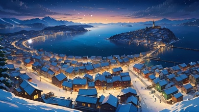 冬日夜晚海边小镇
